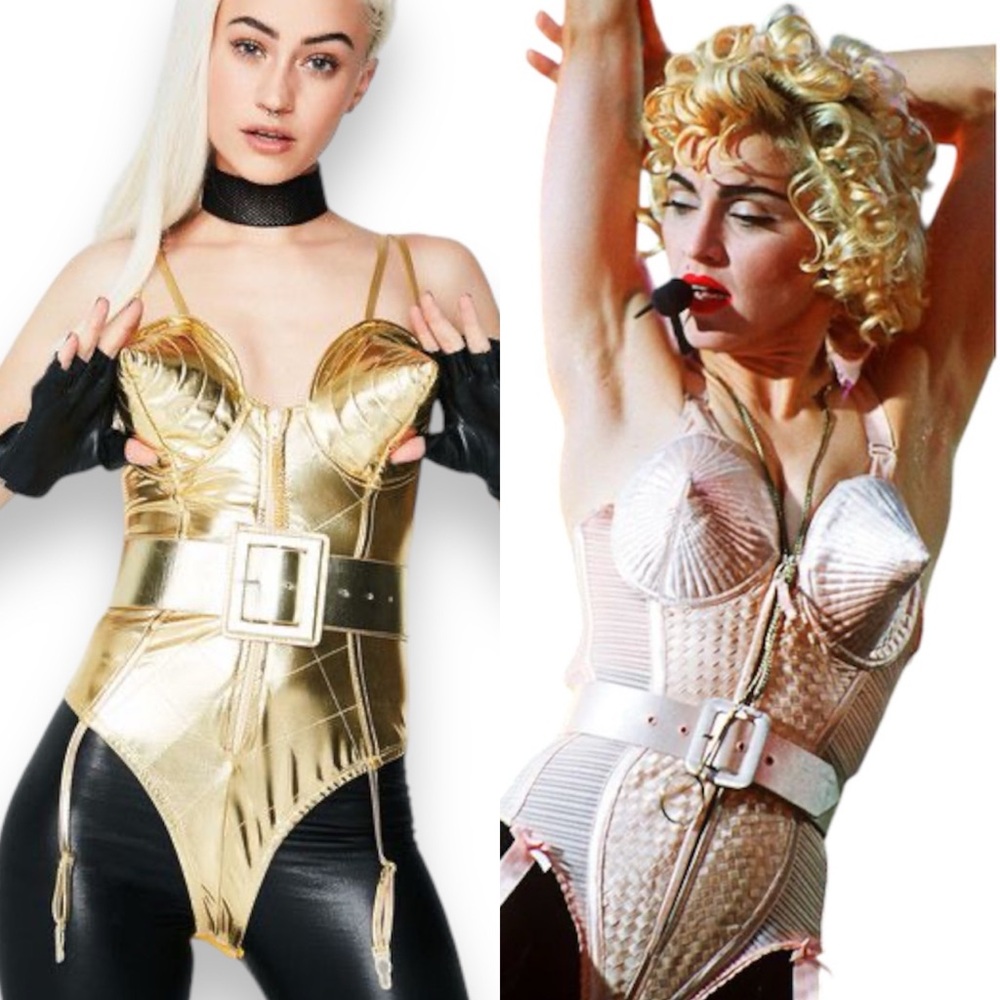 Party King Madonna Gold Cone BodySuit Leotard Zip Spaghetti Strap Halloween